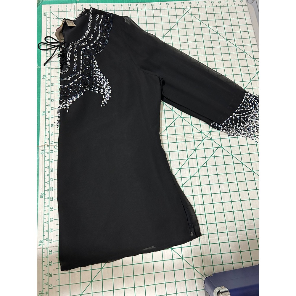 Anthony Original Tunic Top L Black Beaded Fringe Lace Up Chiffon Boho Festival - Picture 5 of 11